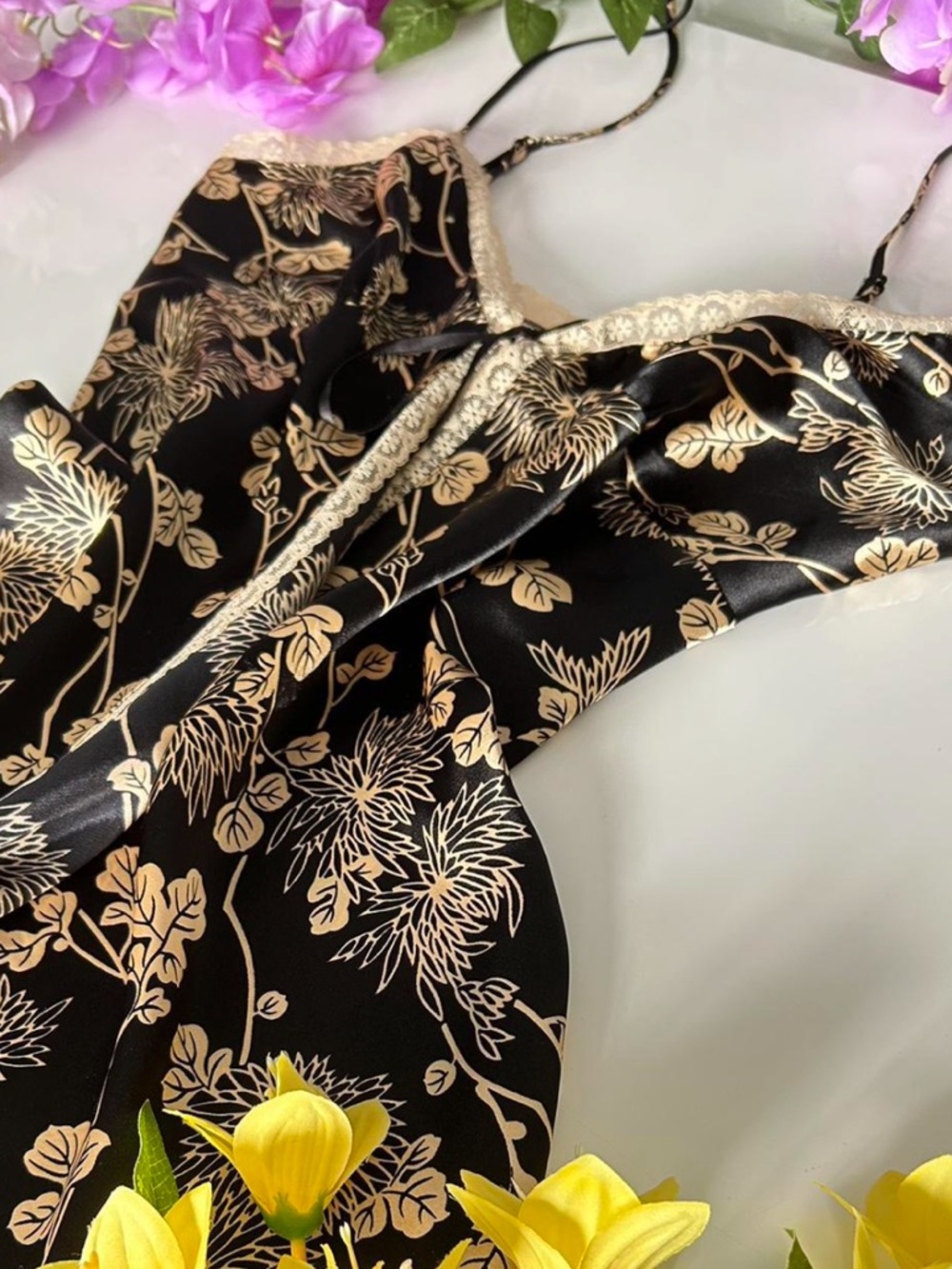 Victoria's Secret Black Satin Slip with Gold Floral Print